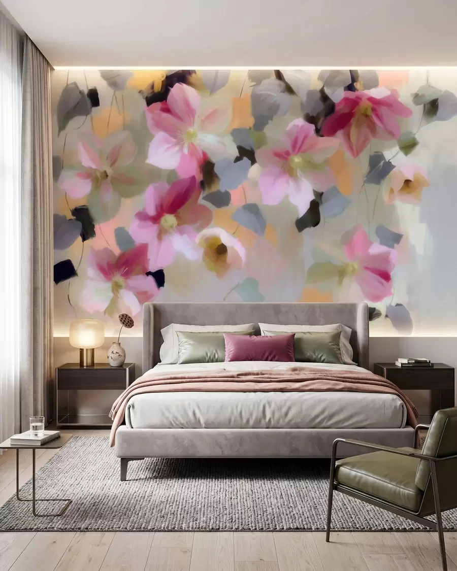 Papier peint Composition lumineuse et aérienne représentant des fleurs suspendues, dans un style aquarelle w09931