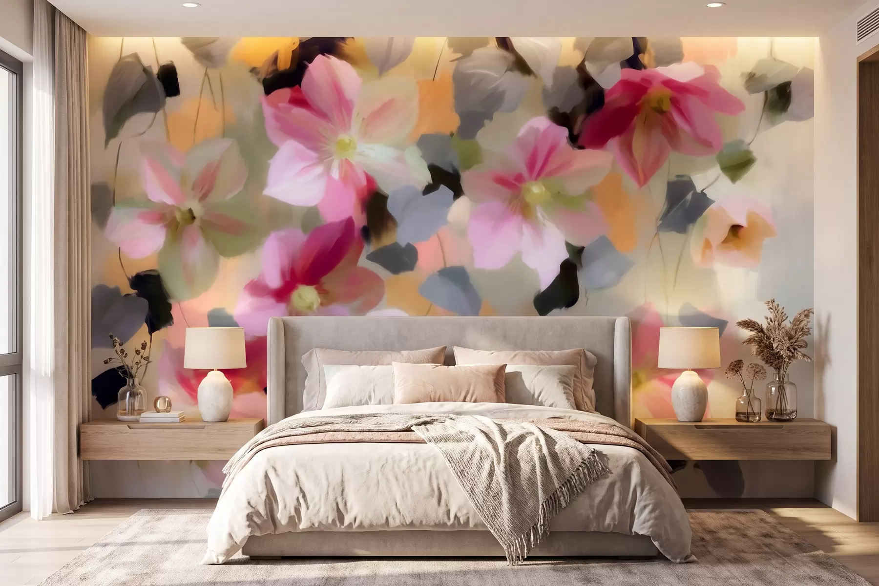Papier peint Composition lumineuse et aérienne représentant des fleurs suspendues, dans un style aquarelle w09931