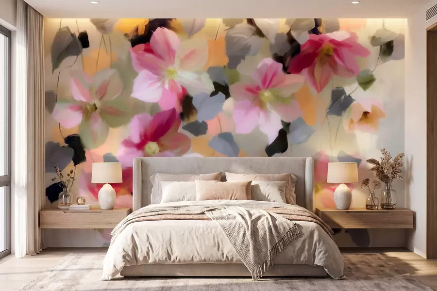 Papier peint Composition lumineuse et aérienne représentant des fleurs suspendues, dans un style aquarelle w09931