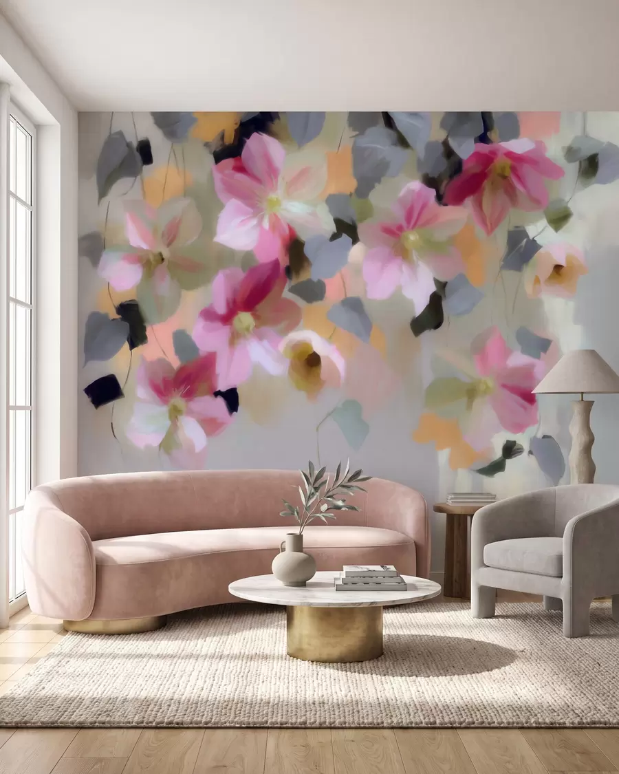 Papier peint Composition lumineuse et aérienne représentant des fleurs suspendues, dans un style aquarelle w09931