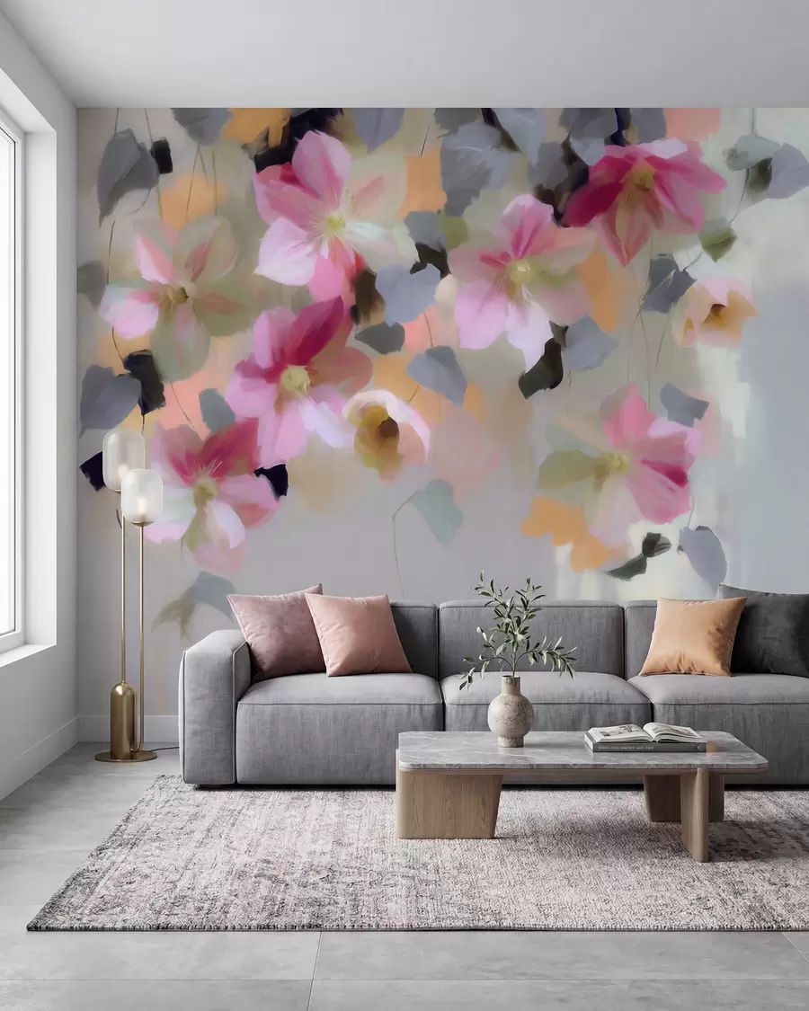 Papier peint Composition lumineuse et aérienne représentant des fleurs suspendues, dans un style aquarelle w09931