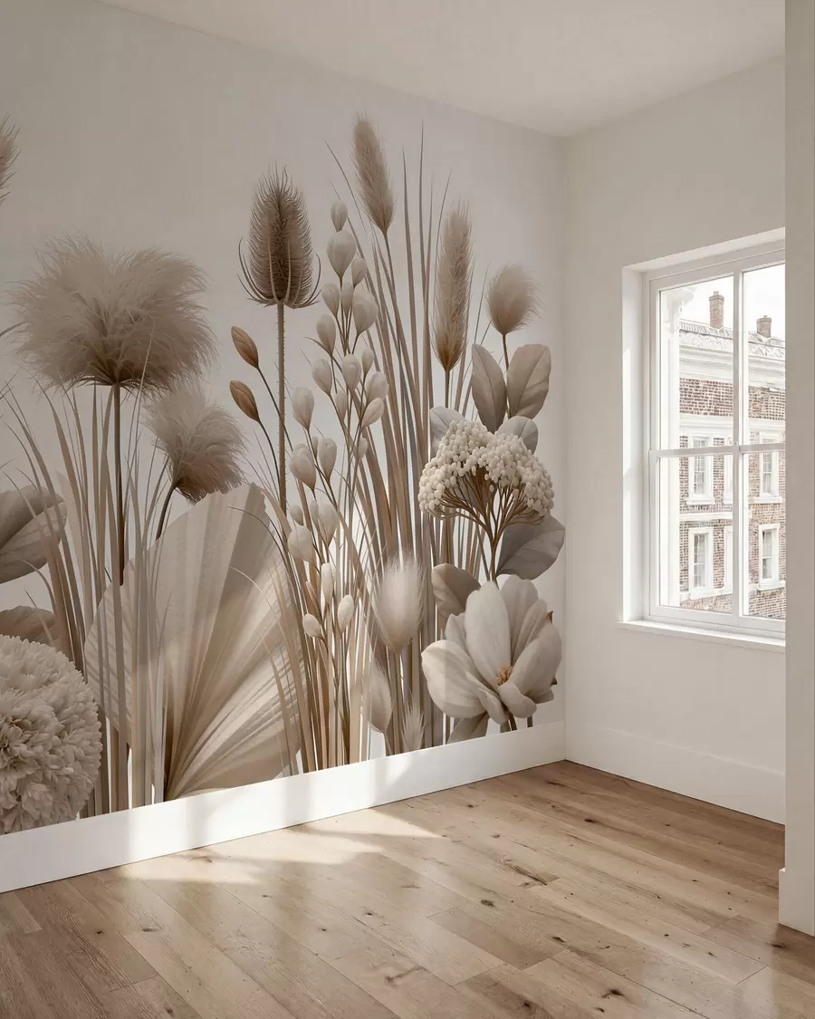 Papier peint Grandes fleurs séchées dans des tons beiges neutres w09932