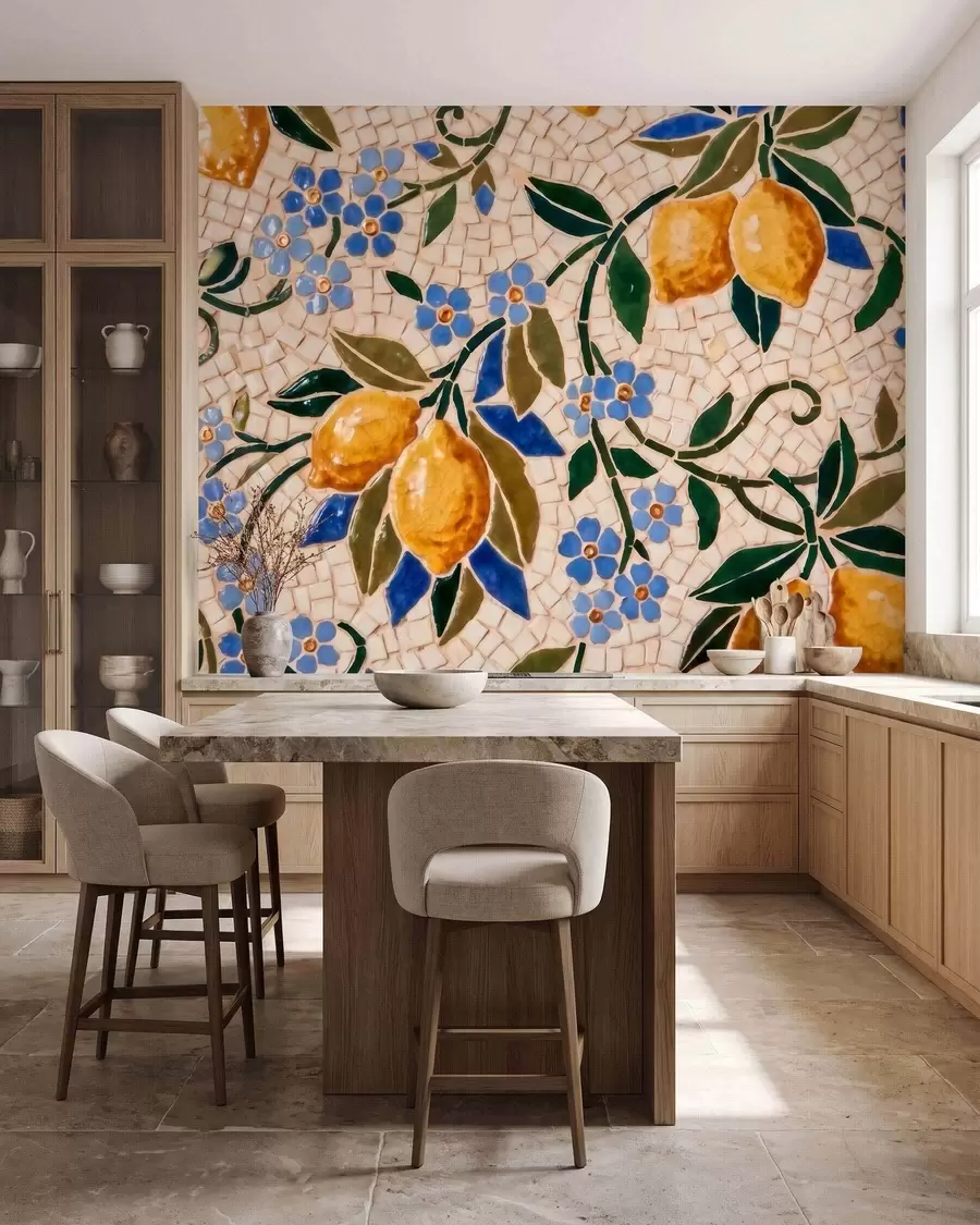 Papier peint Composition décorative aux couleurs vives, dans le style d'une mosaïque en céramique, représentant des citrons juteux, des fleurs, des feuilles et des branches w09948