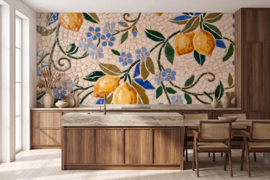 Papier peint Composition décorative aux couleurs vives, dans le style d'une mosaïque en céramique, représentant des citrons juteux, des fleurs, des feuilles et des branches w09948