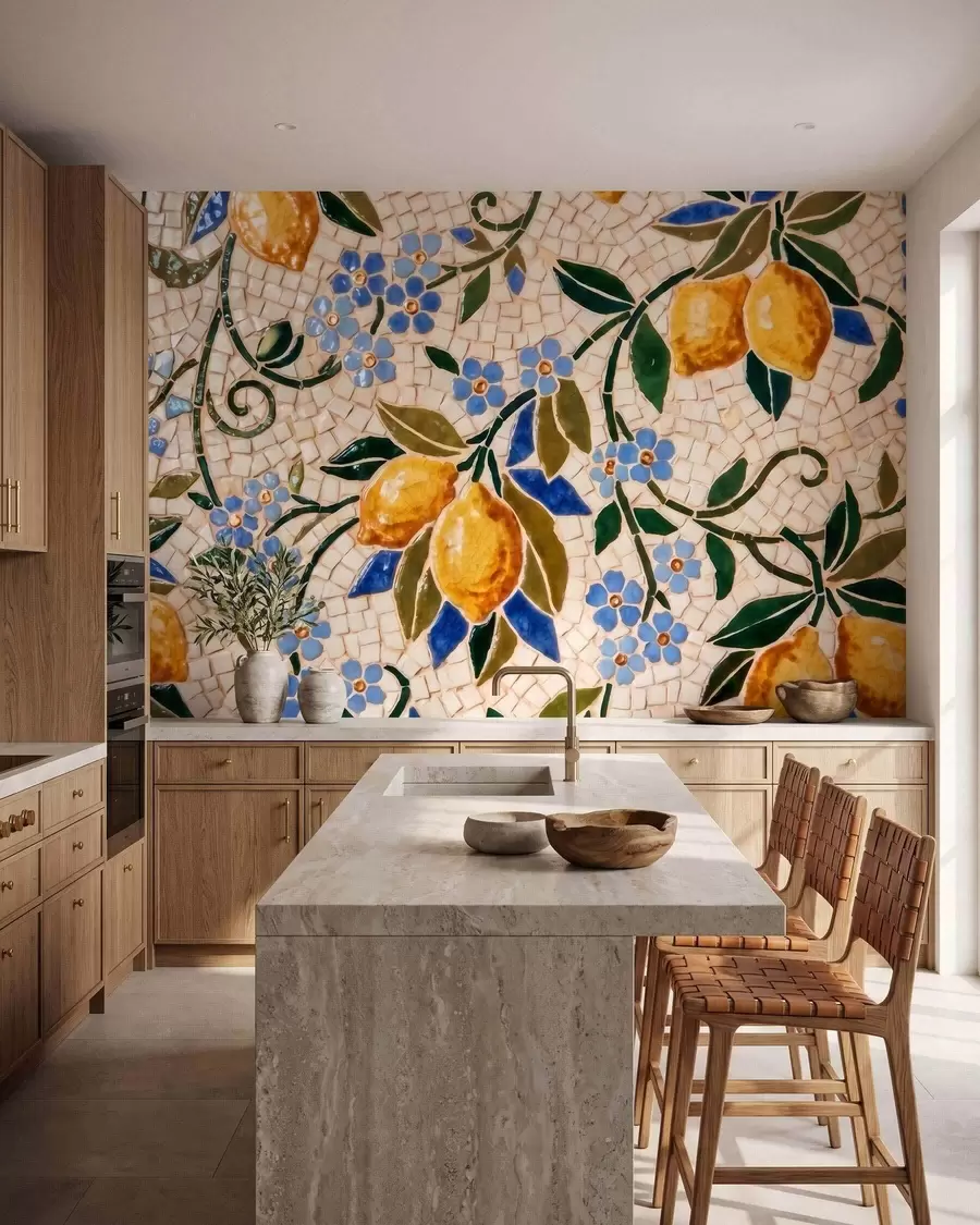 Papier peint Composition décorative aux couleurs vives, dans le style d'une mosaïque en céramique, représentant des citrons juteux, des fleurs, des feuilles et des branches w09948