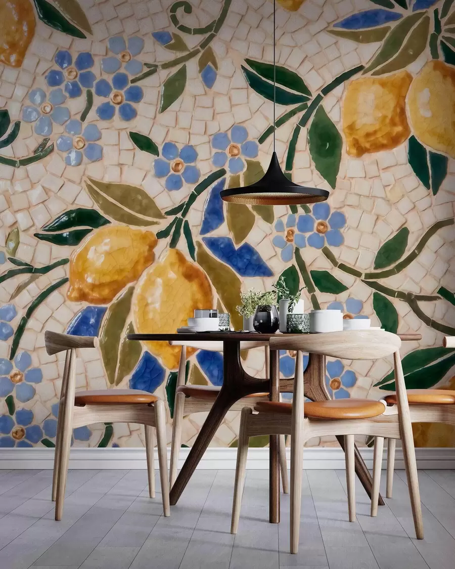 Papier peint Composition décorative aux couleurs vives, dans le style d'une mosaïque en céramique, représentant des citrons juteux, des fleurs, des feuilles et des branches w09948