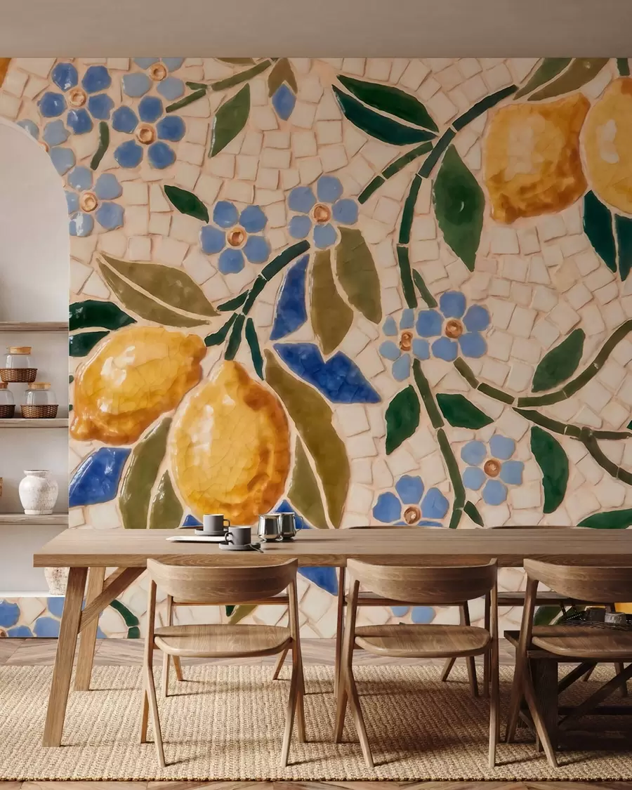 Papier peint Composition décorative aux couleurs vives, dans le style d'une mosaïque en céramique, représentant des citrons juteux, des fleurs, des feuilles et des branches w09948