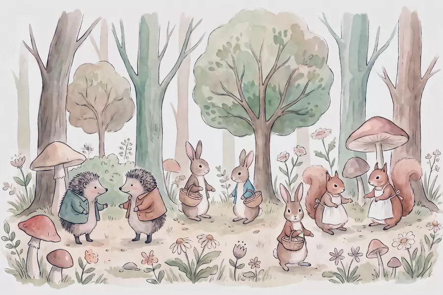 Papier peint Des animaux de la forêt issus d'un conte de fées, représentés dans un décor forestier dans un style aquarelle w09951