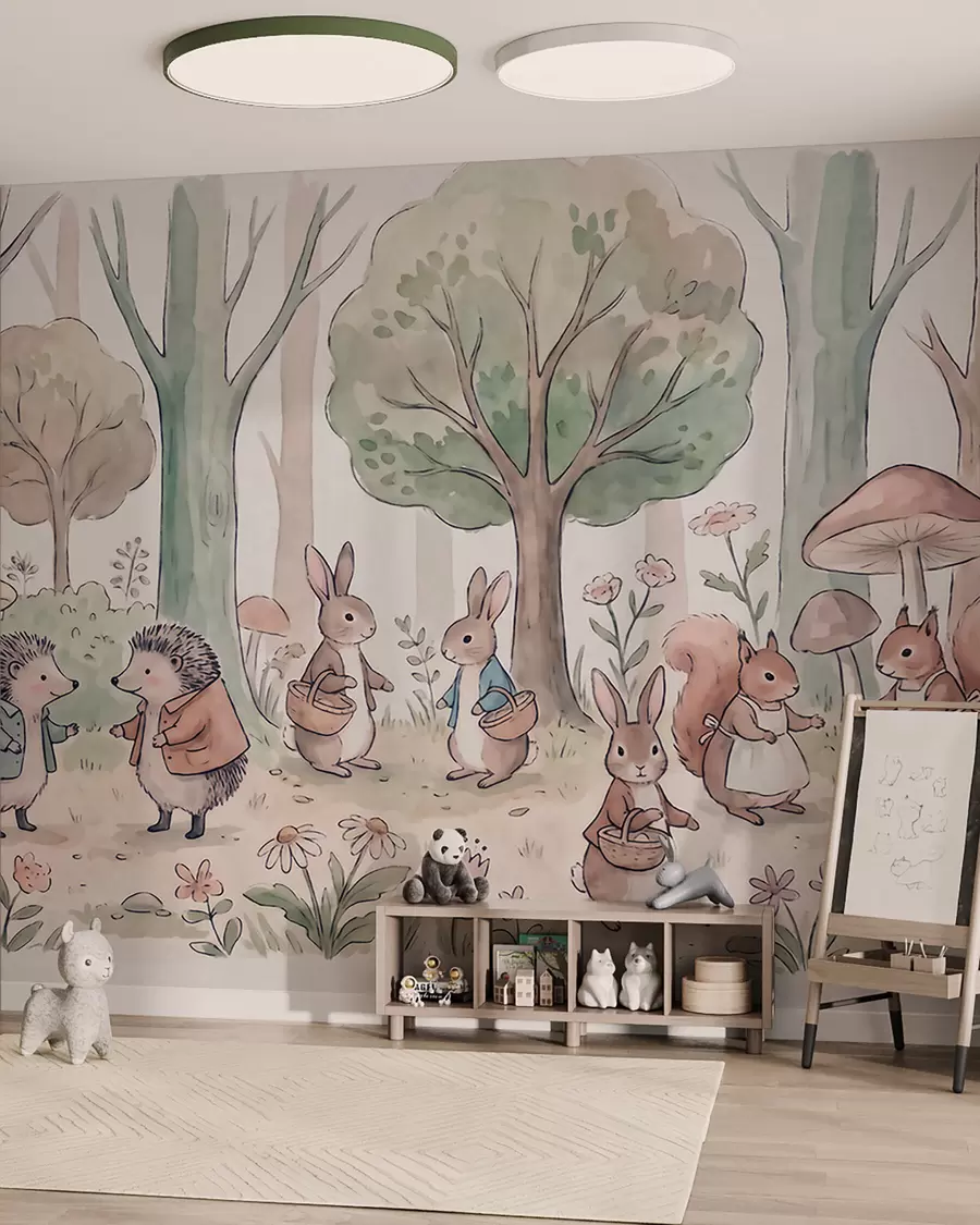 Papier peint Des animaux de la forêt issus d'un conte de fées, représentés dans un décor forestier dans un style aquarelle w09951