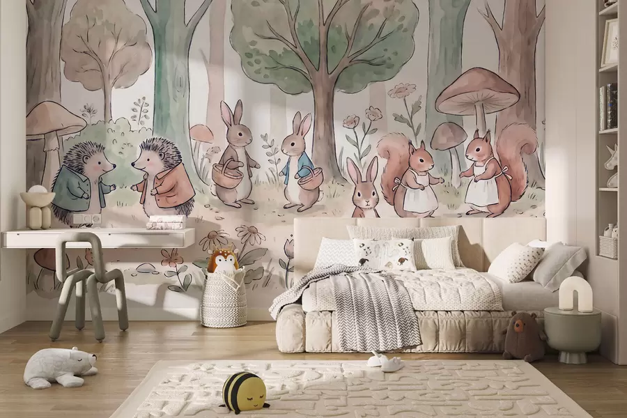 Papier peint Des animaux de la forêt issus d'un conte de fées, représentés dans un décor forestier dans un style aquarelle w09951