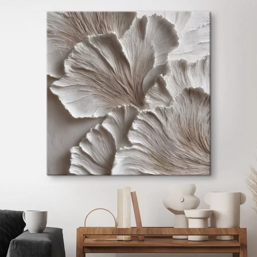 Tableau Composition composée de formes organiques en relief, dans une palette de couleurs beige et blanche s49708