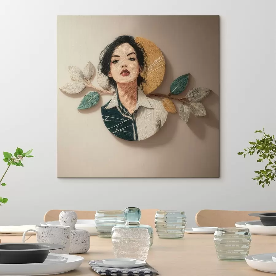 Tableau Composition décorative représentant un portrait de femme et des feuilles dans un style graphique s49710