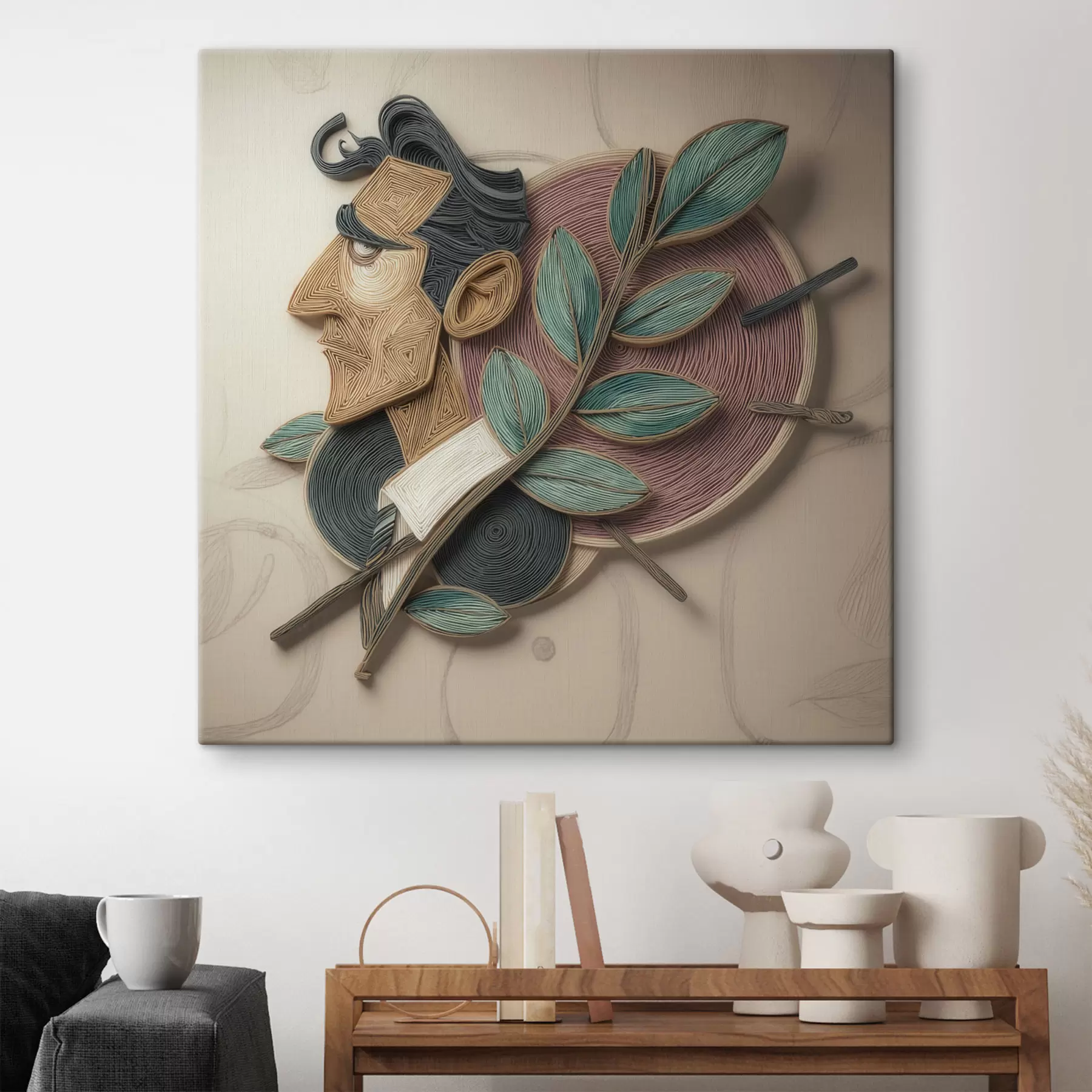 Tableau Portrait abstrait d'un homme tenant une branche feuillue, dans un style d'illustration texturé s49711