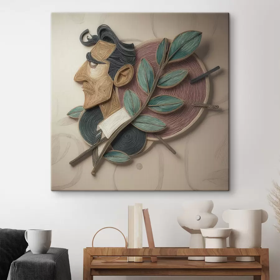 Tableau Portrait abstrait d'un homme tenant une branche feuillue, dans un style d'illustration texturé s49711
