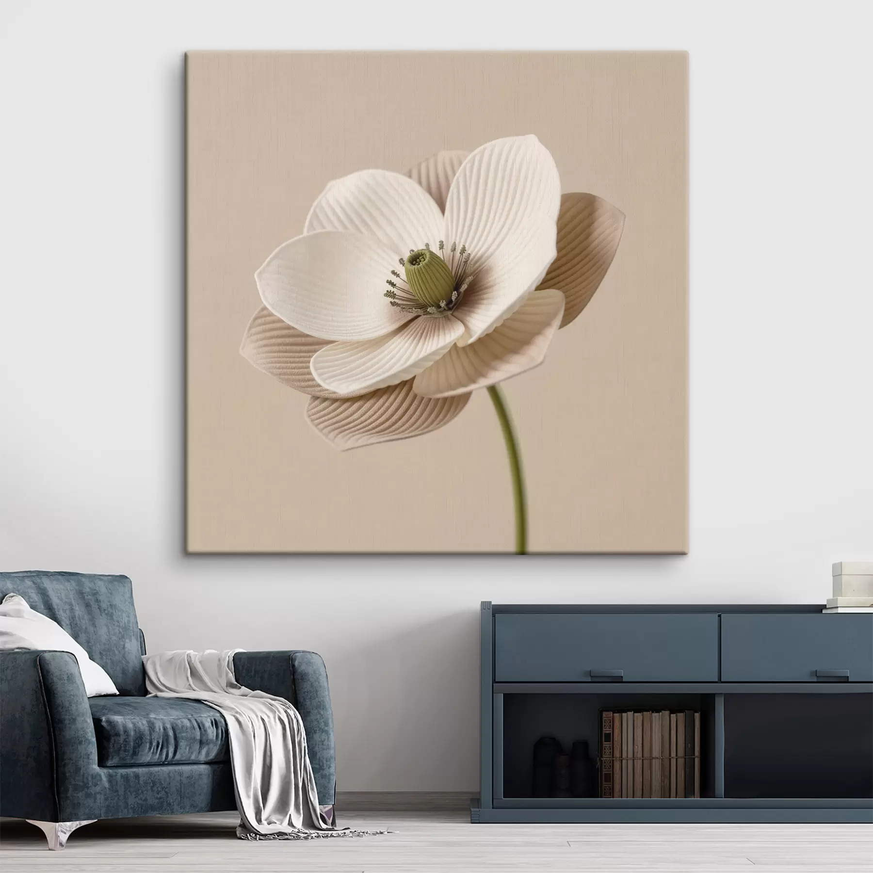 Tableau Fleur aux pétales texturés, dans une palette de tons beiges, de style minimaliste s49719