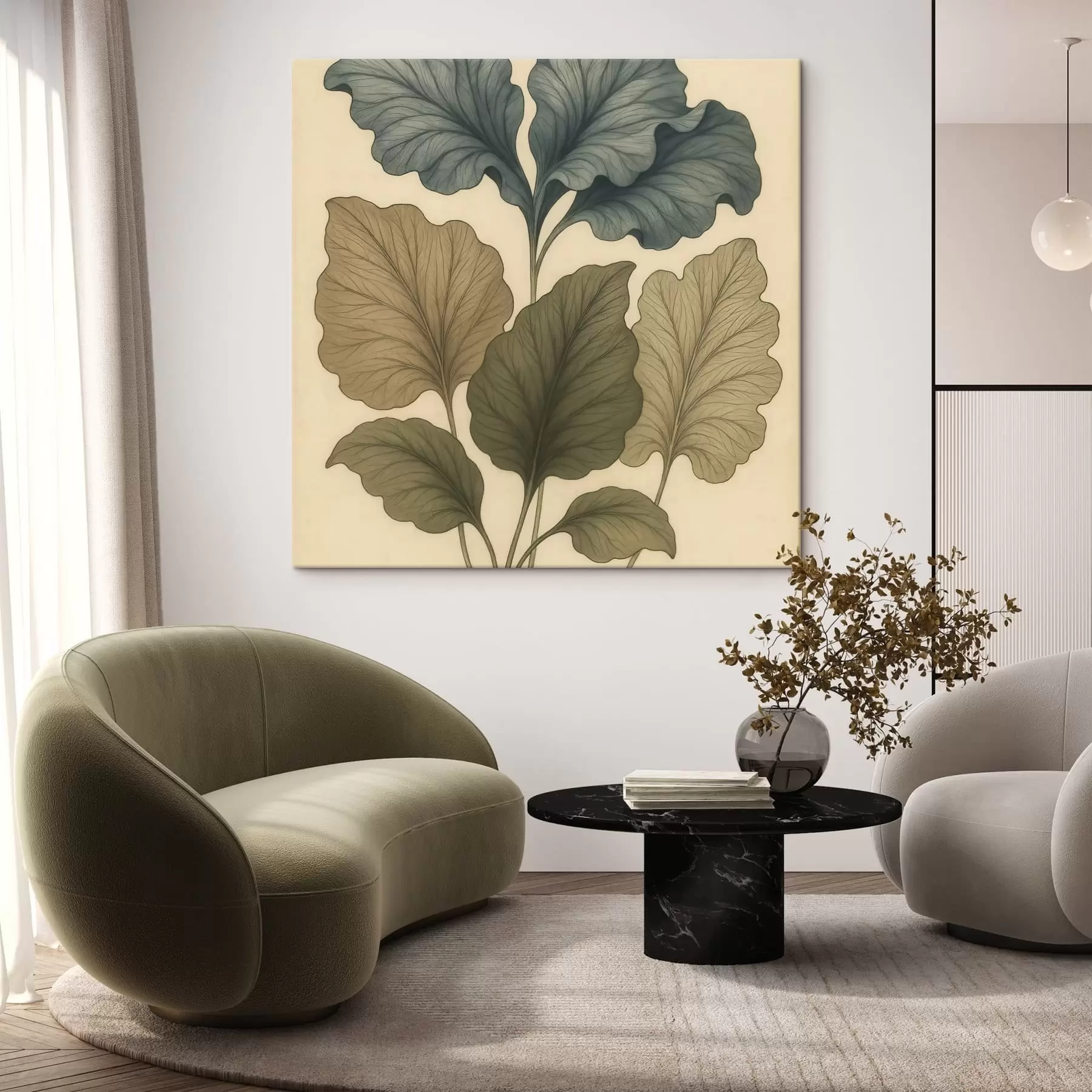 Tableau De grandes feuilles stylisées sur un fond clair, dans le style d'une affiche artistique s49720