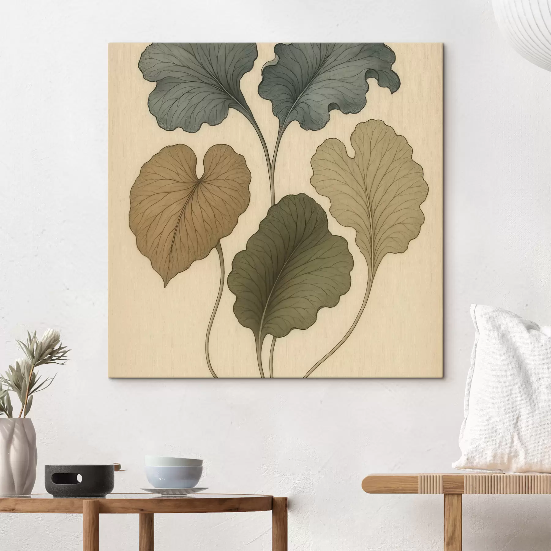 Tableau Feuilles décoratives aux teintes douces sur fond beige s49721