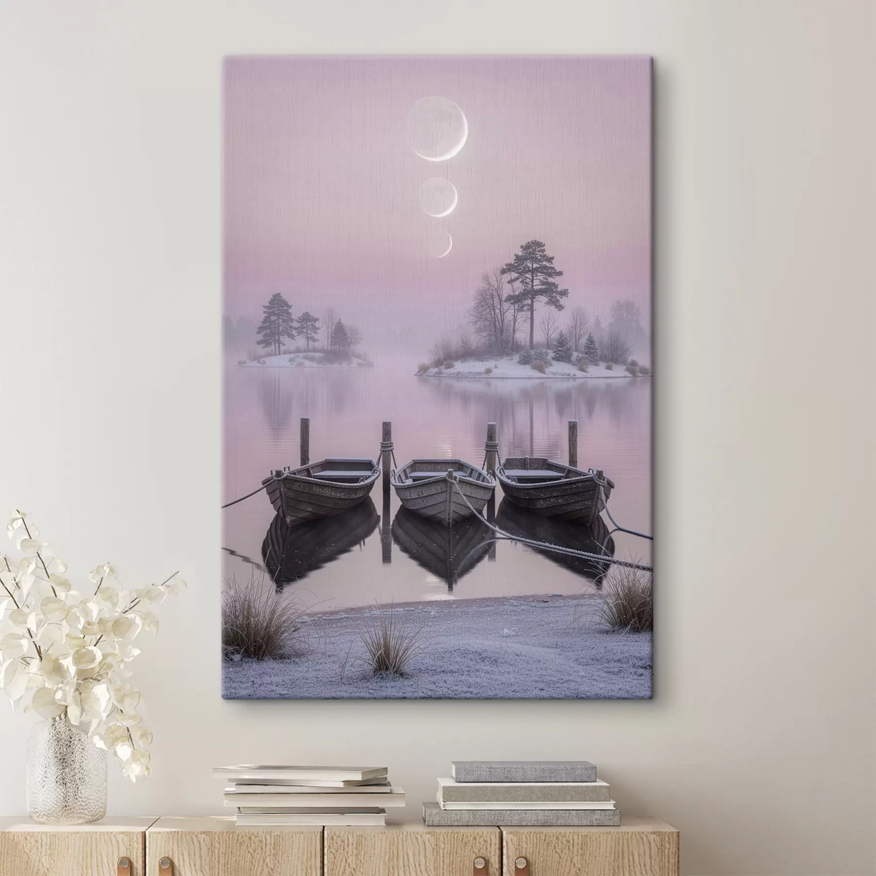 Tableau Paysage avec un lac, des bateaux et les phases de la lune, dans un style de peinture pastel s49724