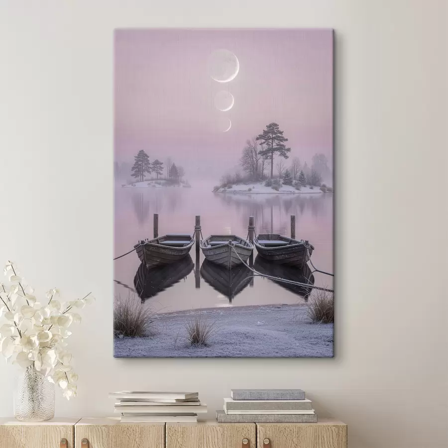 Tableau Paysage avec un lac, des bateaux et les phases de la lune, dans un style de peinture pastel s49724