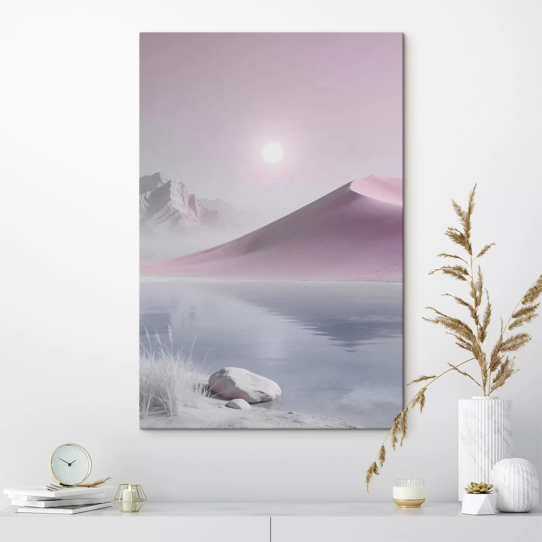 Tableau Lac de montagne près d'une colline sablonneuse aux tons pastel s49725