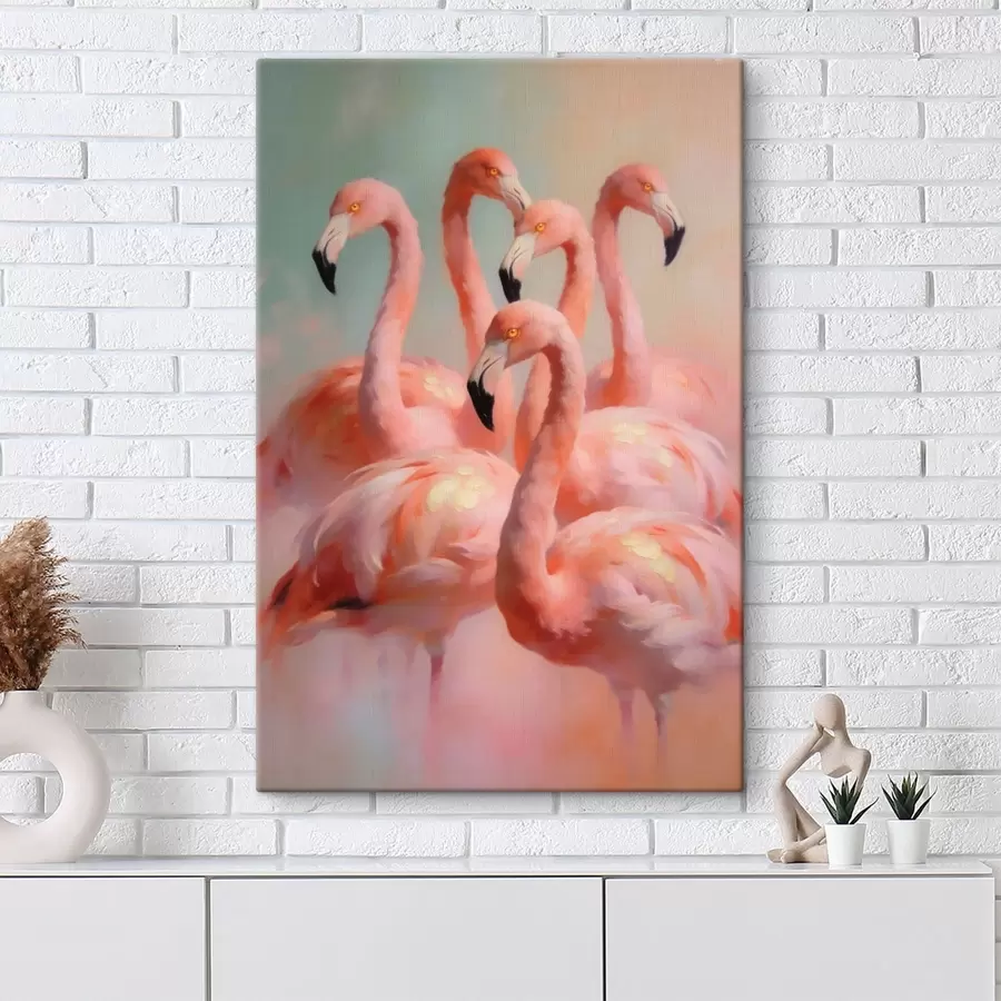 Tableau Des flamants roses aux couleurs pastel délicates, dans un style de peinture à l'huile s49726