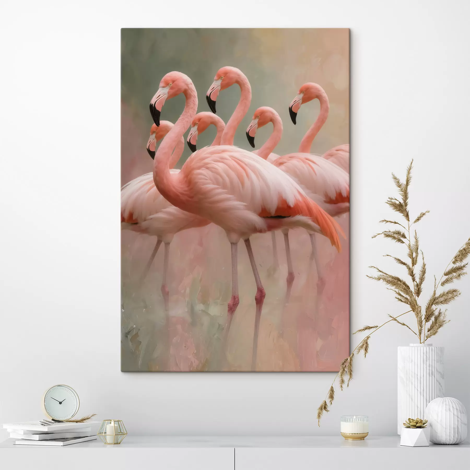 Tableau Portrait décoratif d'une volée de flamants roses dans un style pictural contemporain s49727