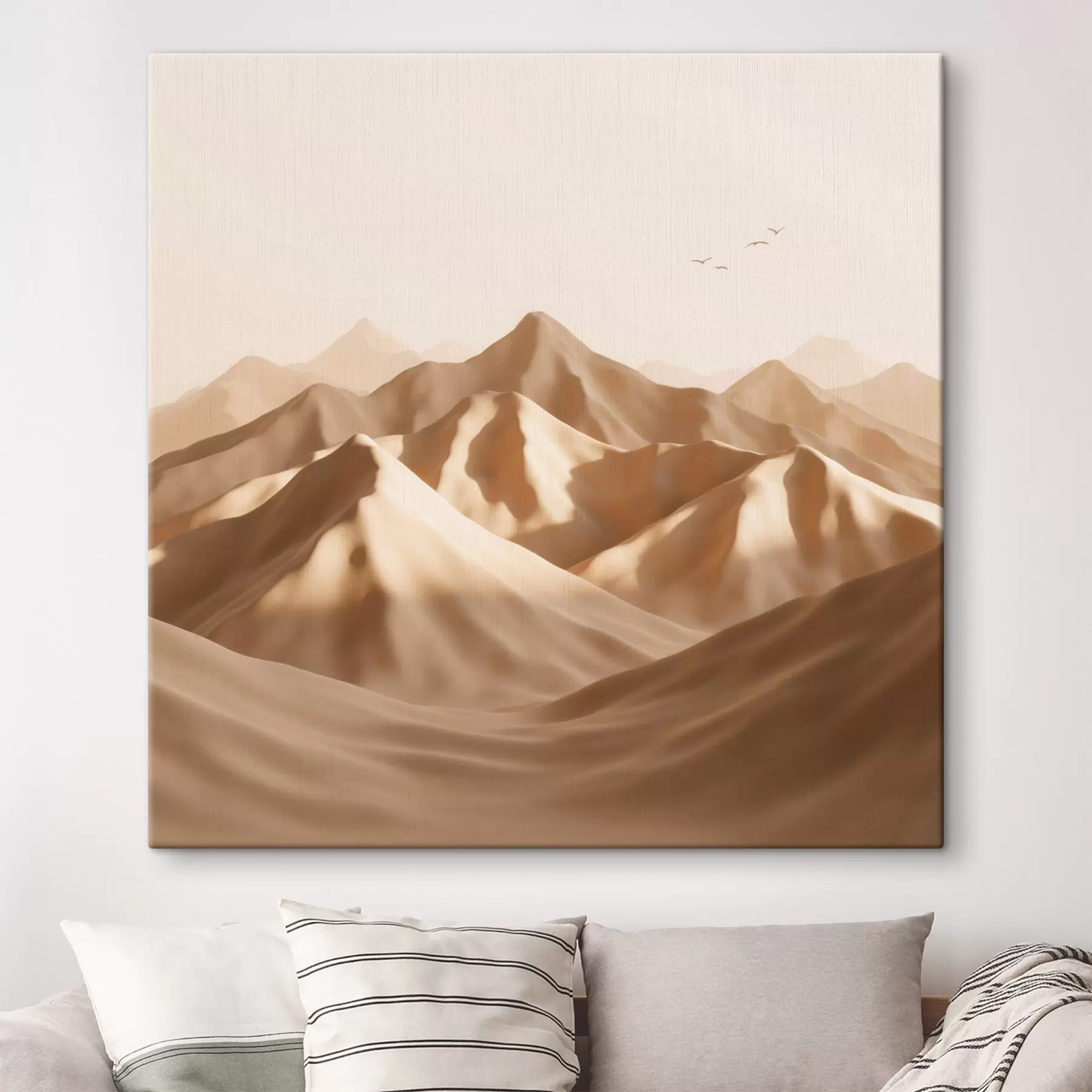Tableau Dunes de sable abstraites avec des silhouettes d'oiseaux dans des tons pastel s49729