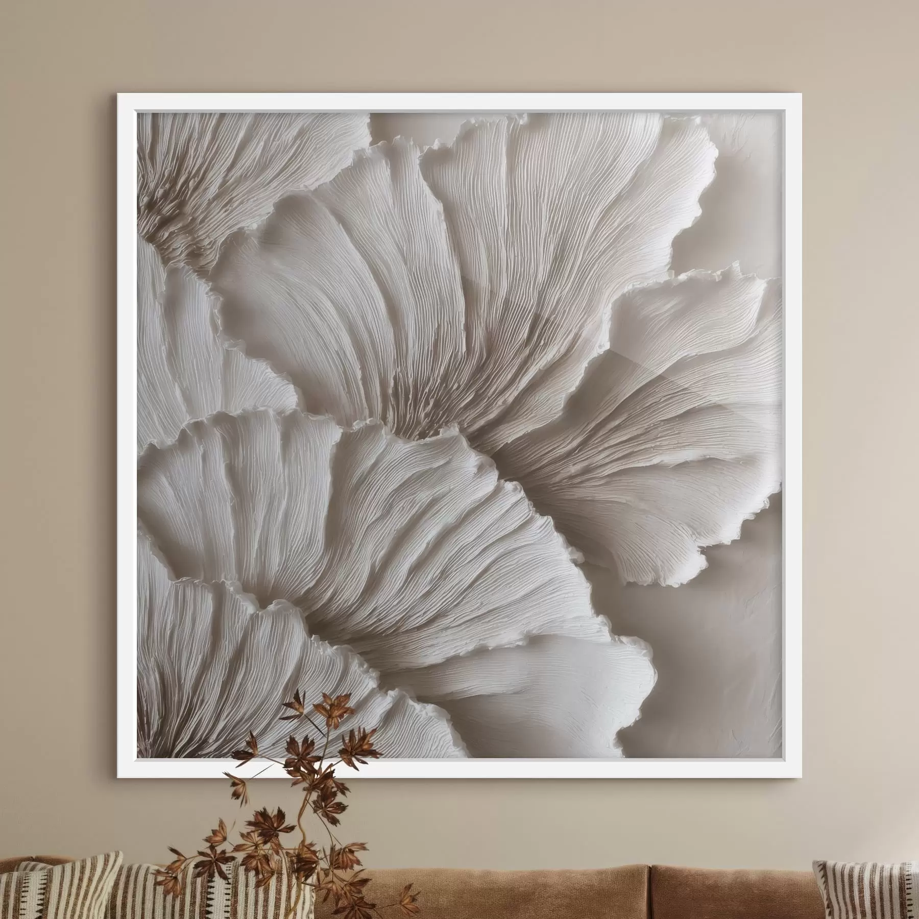Papier peint Abstraction texturée avec des pétales ondulés en relief, dans des tons clairs f49709