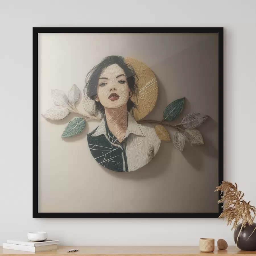 Papier peint Composition décorative représentant un portrait de femme et des feuilles dans un style graphique f49710