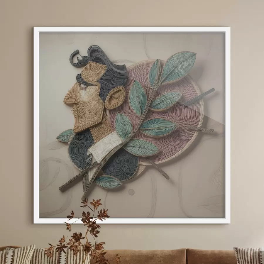 Papier peint Portrait abstrait d'un homme tenant une branche feuillue, dans un style d'illustration texturé f49711