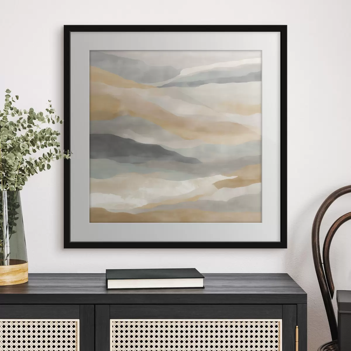 Poster Des collines aux teintes chaudes et grises, dans un style aquarelle f49713