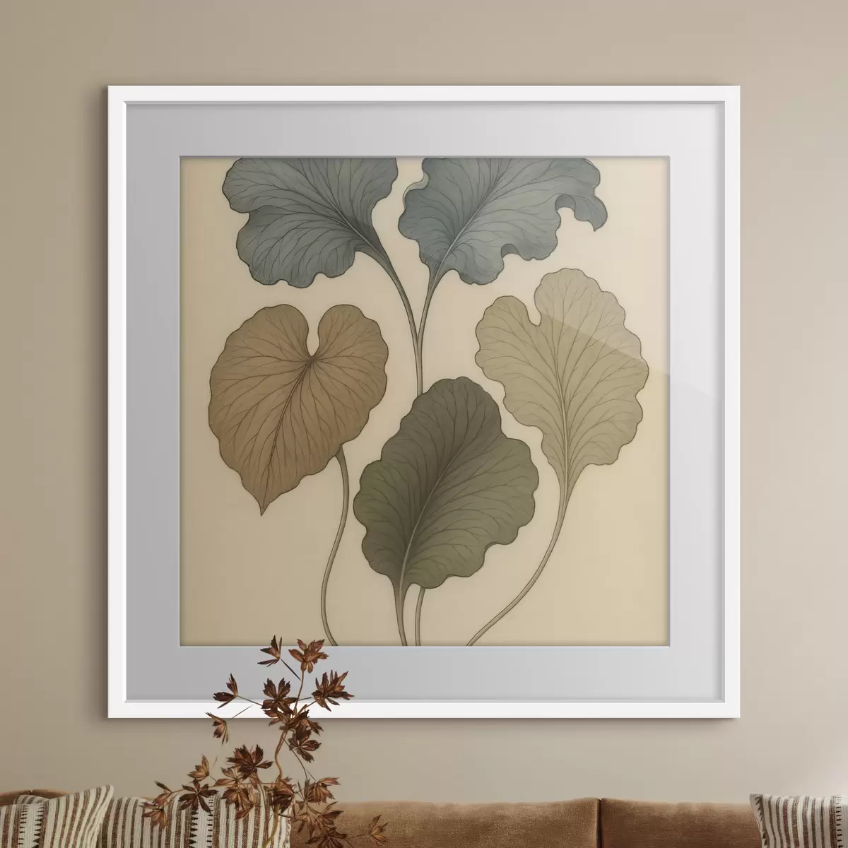 Poster Feuilles décoratives aux teintes douces sur fond beige f49721
