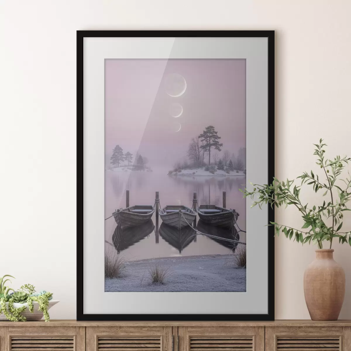 Poster Paysage avec un lac, des bateaux et les phases de la lune, dans un style de peinture pastel f49724
