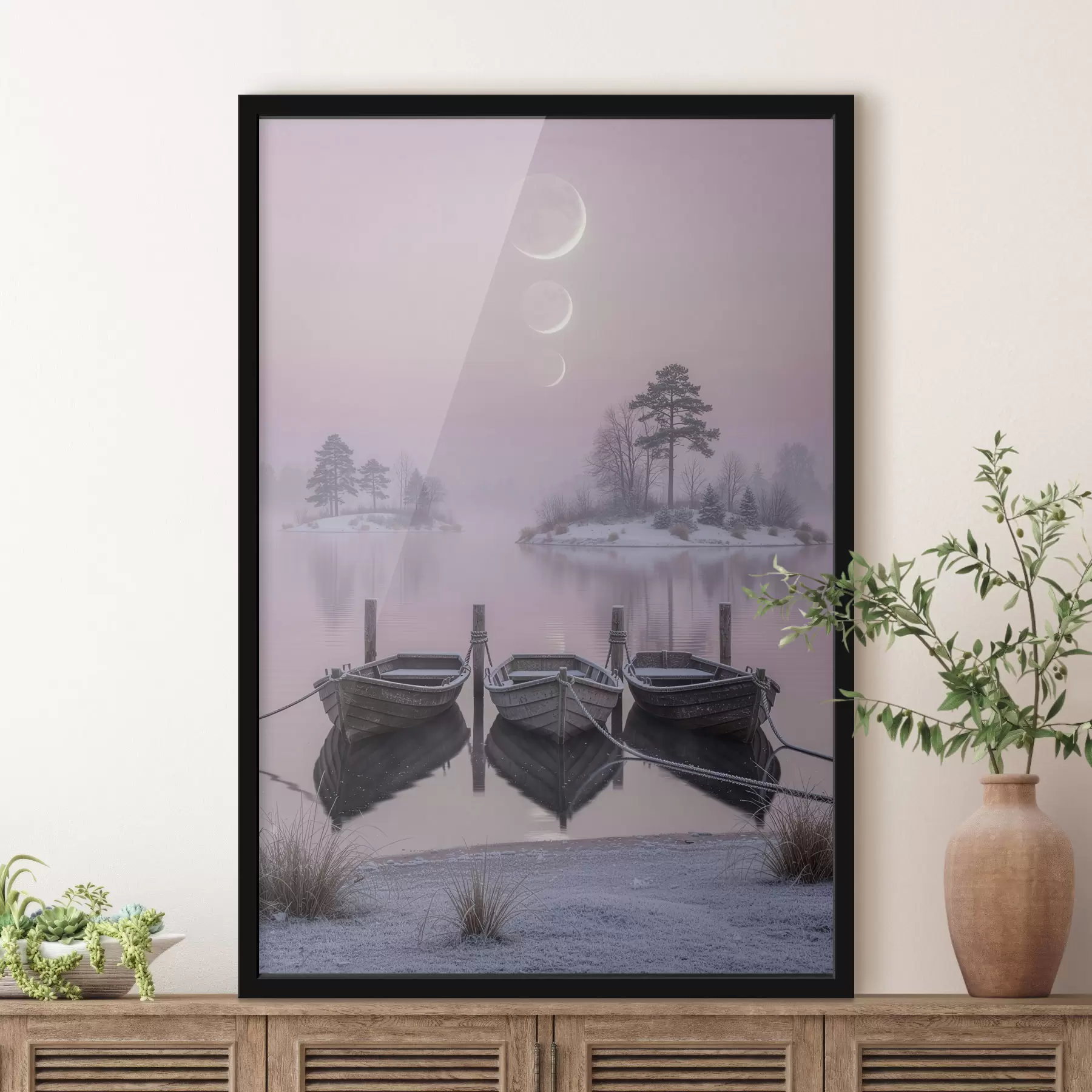 Papier peint Paysage avec un lac, des bateaux et les phases de la lune, dans un style de peinture pastel f49724