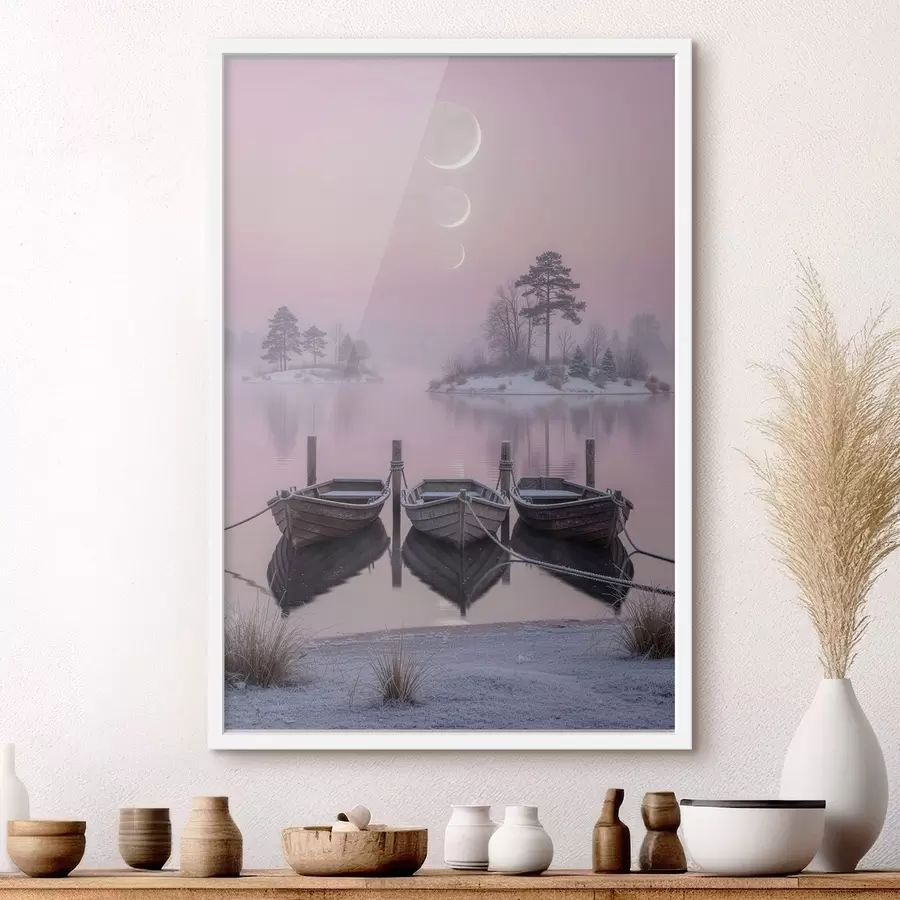 Papier peint Paysage avec un lac, des bateaux et les phases de la lune, dans un style de peinture pastel f49724