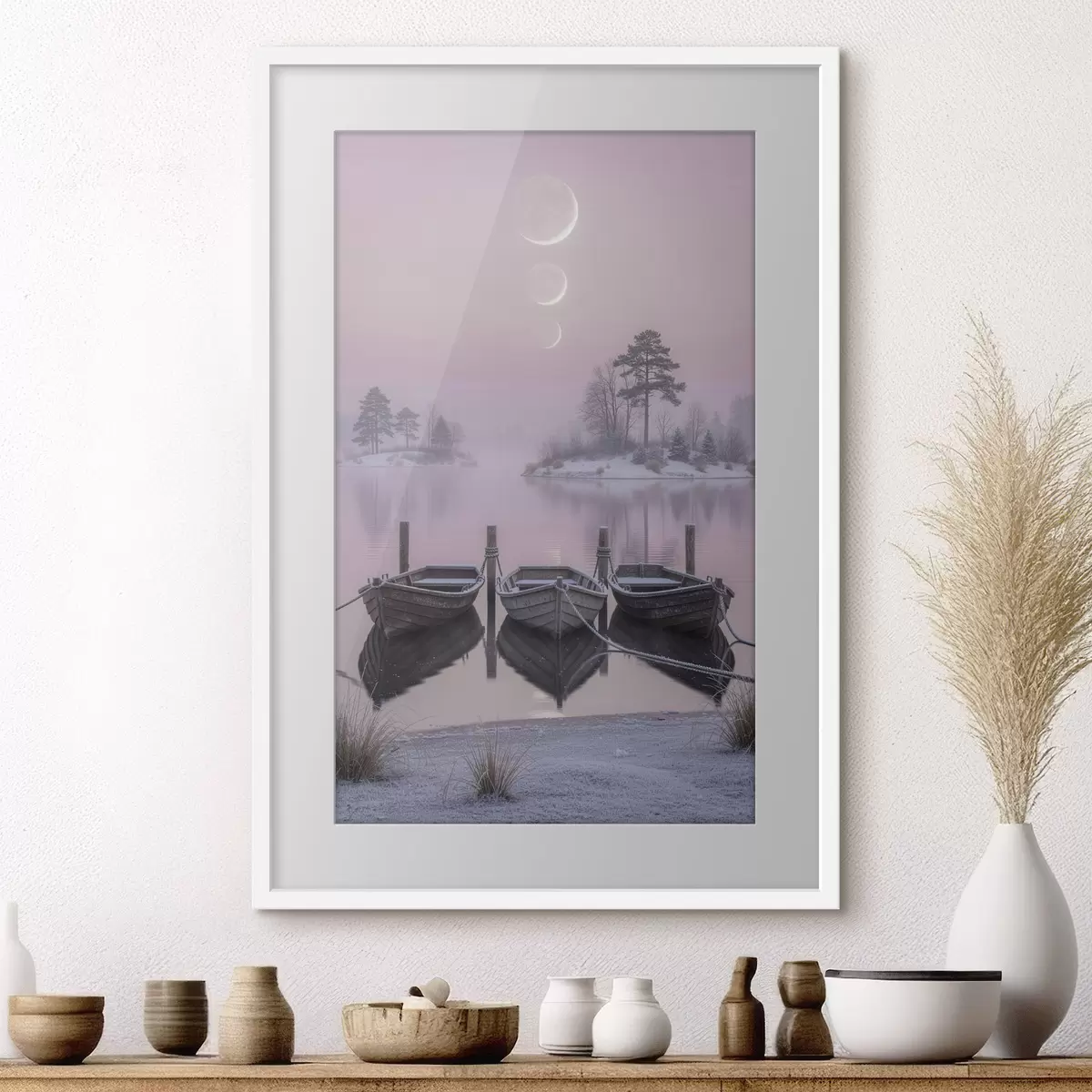Poster Paysage avec un lac, des bateaux et les phases de la lune, dans un style de peinture pastel f49724