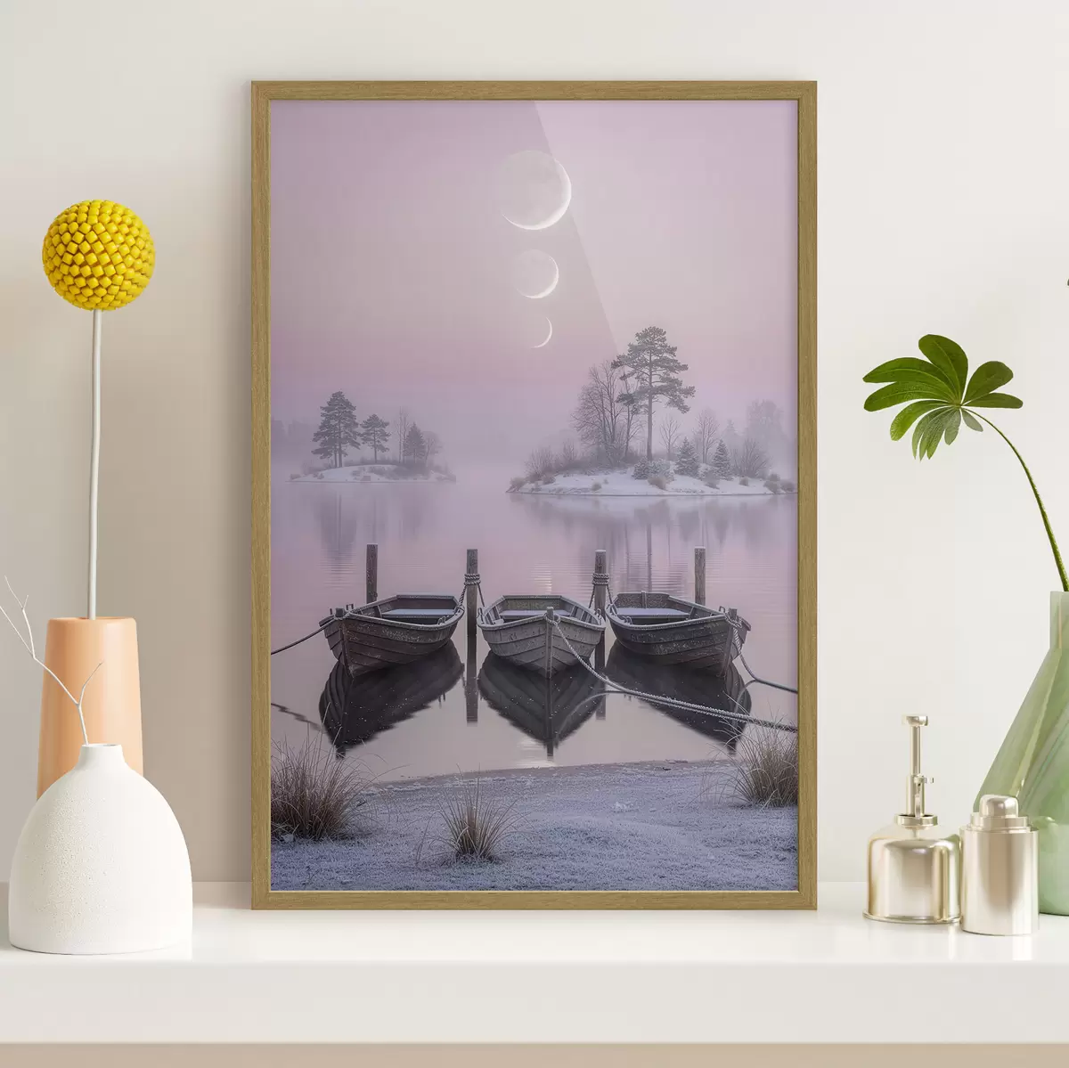 Poster Paysage avec un lac, des bateaux et les phases de la lune, dans un style de peinture pastel f49724