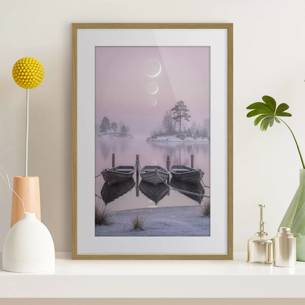 Poster Paysage avec un lac, des bateaux et les phases de la lune, dans un style de peinture pastel f49724