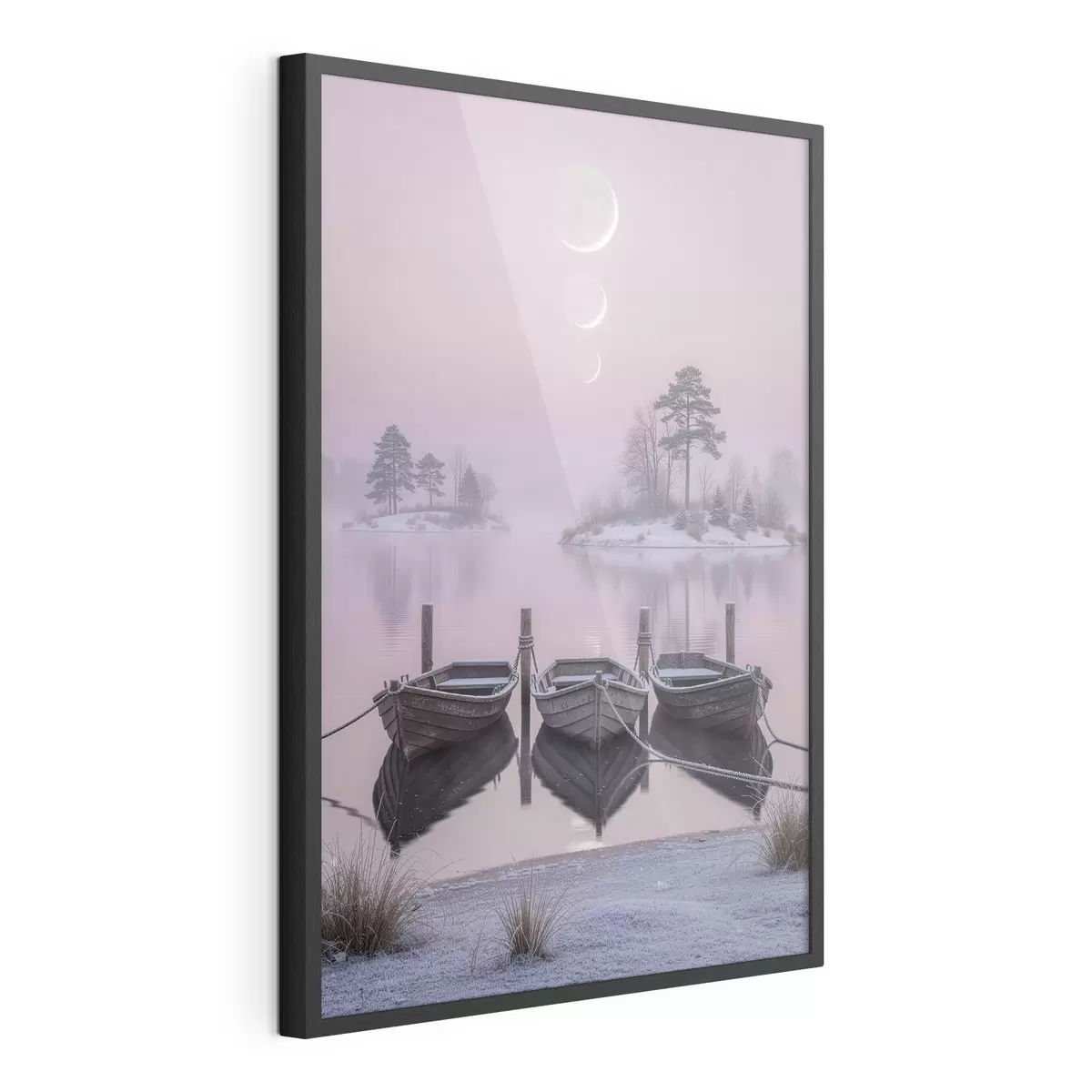 Poster Paysage avec un lac, des bateaux et les phases de la lune, dans un style de peinture pastel f49724