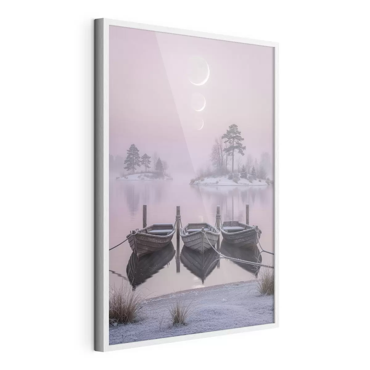 Poster Paysage avec un lac, des bateaux et les phases de la lune, dans un style de peinture pastel f49724