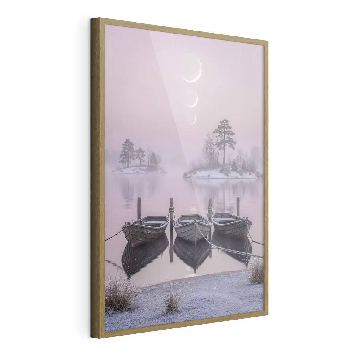 Poster Paysage avec un lac, des bateaux et les phases de la lune, dans un style de peinture pastel f49724