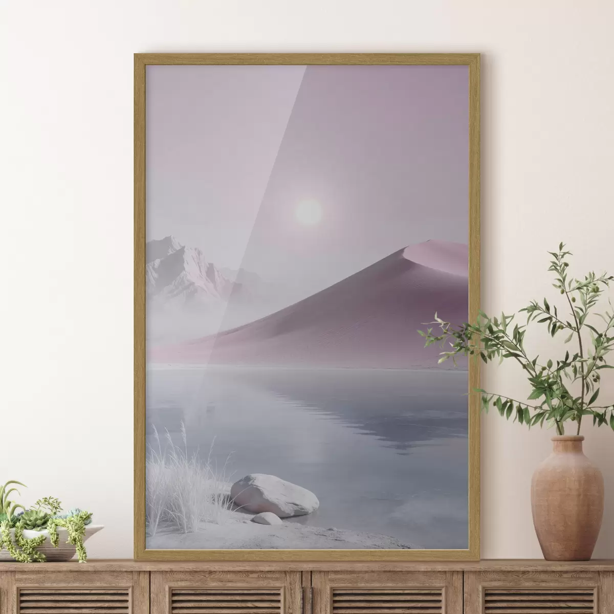 Poster Lac de montagne près d'une colline sablonneuse aux tons pastel f49725