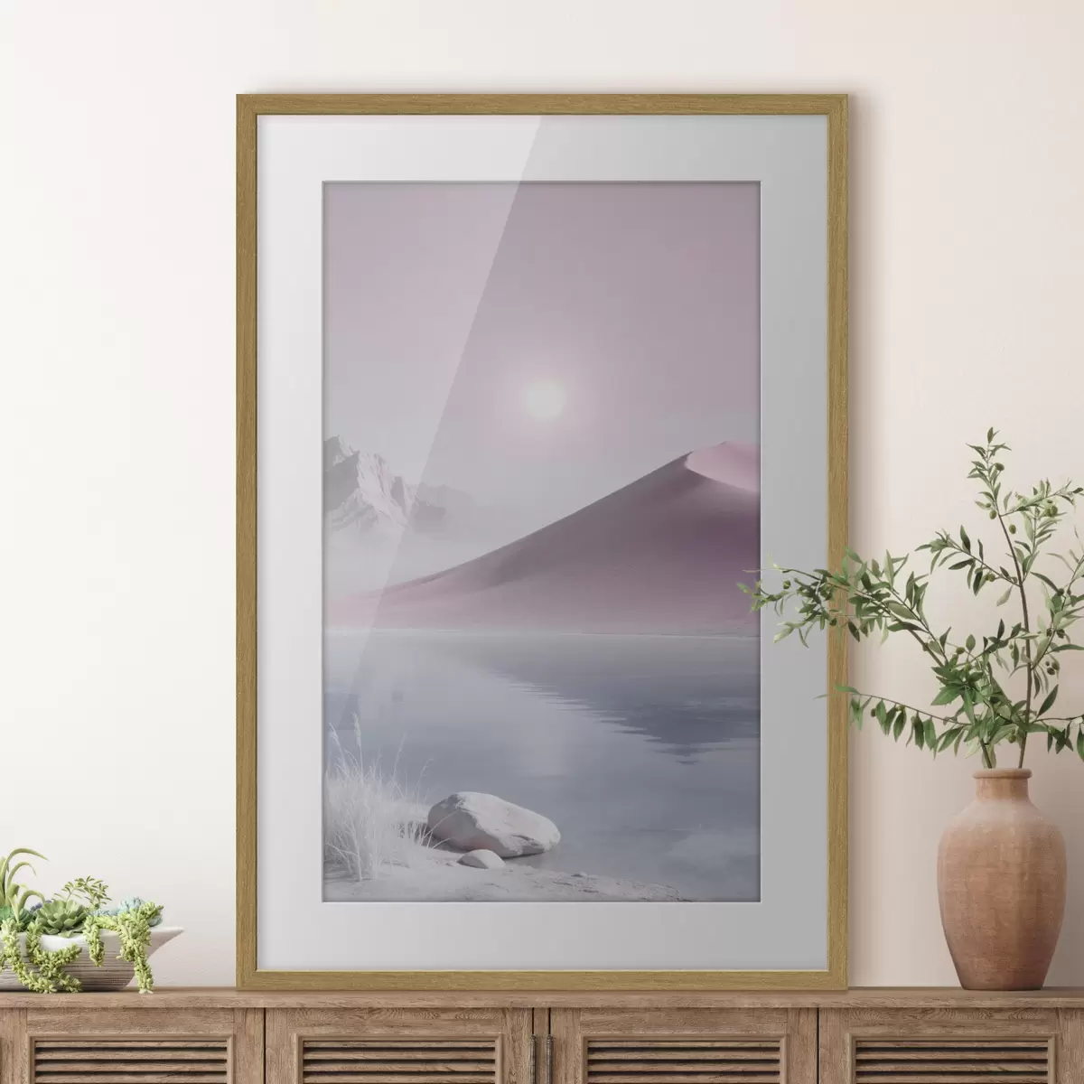 Poster Lac de montagne près d'une colline sablonneuse aux tons pastel f49725