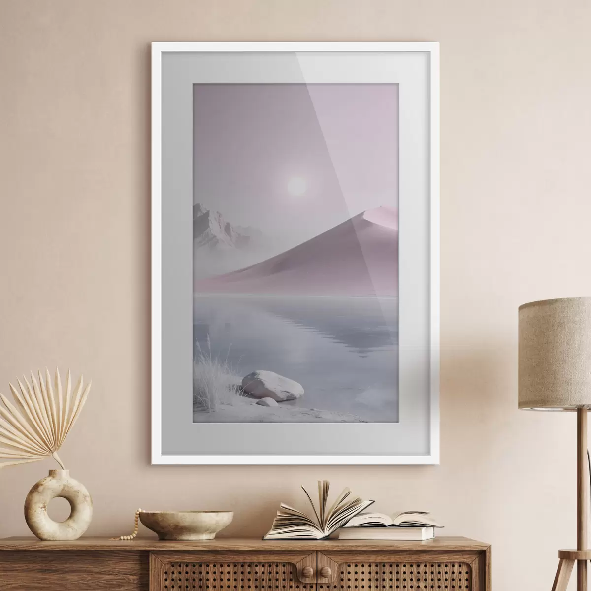Poster Lac de montagne près d'une colline sablonneuse aux tons pastel f49725