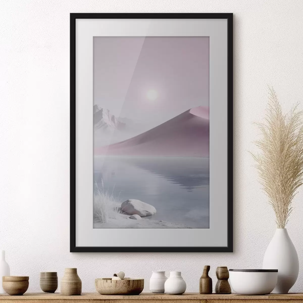 Poster Lac de montagne près d'une colline sablonneuse aux tons pastel f49725