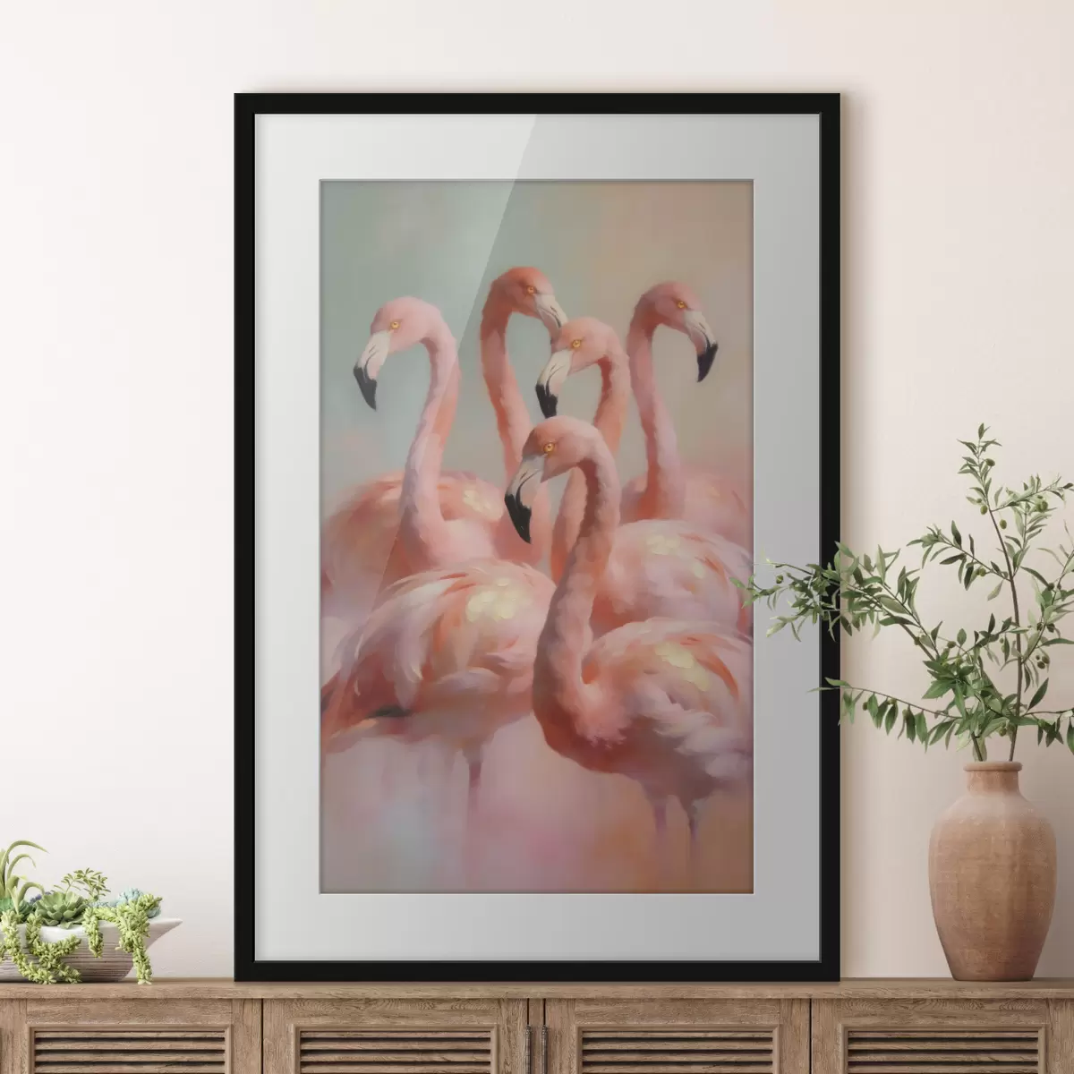 Poster Des flamants roses aux couleurs pastel délicates, dans un style de peinture à l'huile f49726