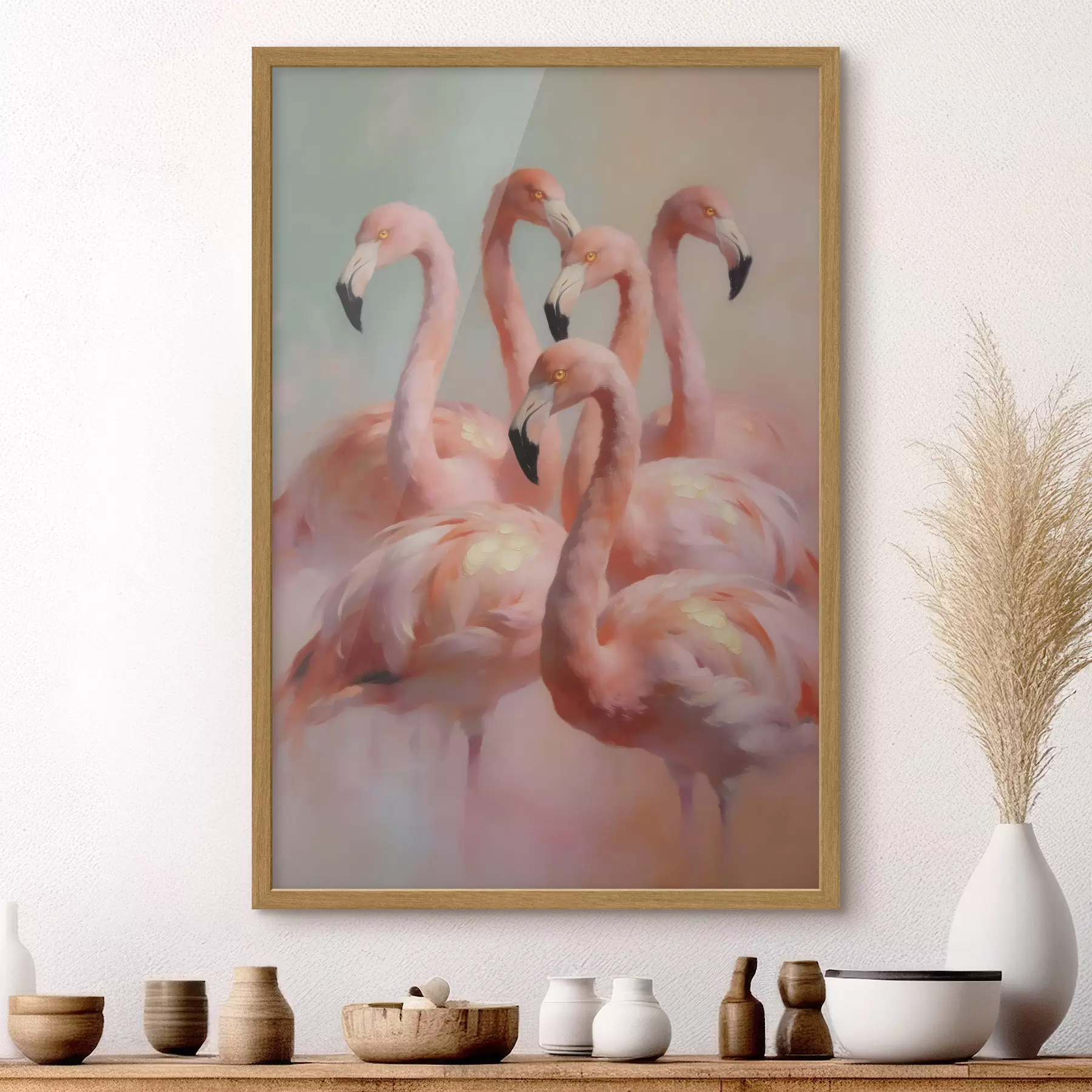 Papier peint Des flamants roses aux couleurs pastel délicates, dans un style de peinture à l'huile f49726