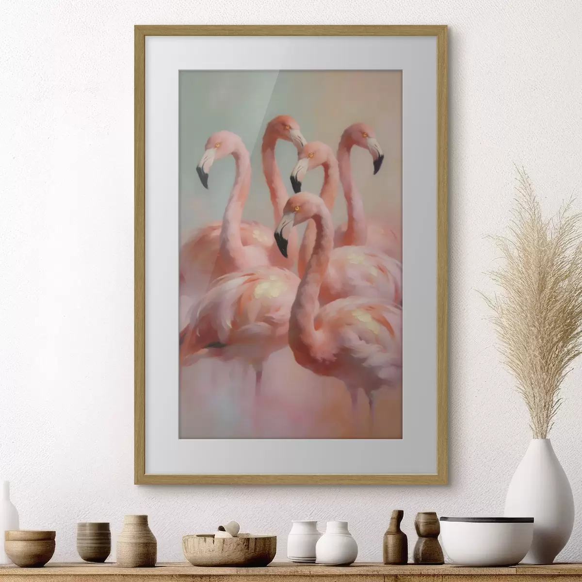 Poster Des flamants roses aux couleurs pastel délicates, dans un style de peinture à l'huile f49726