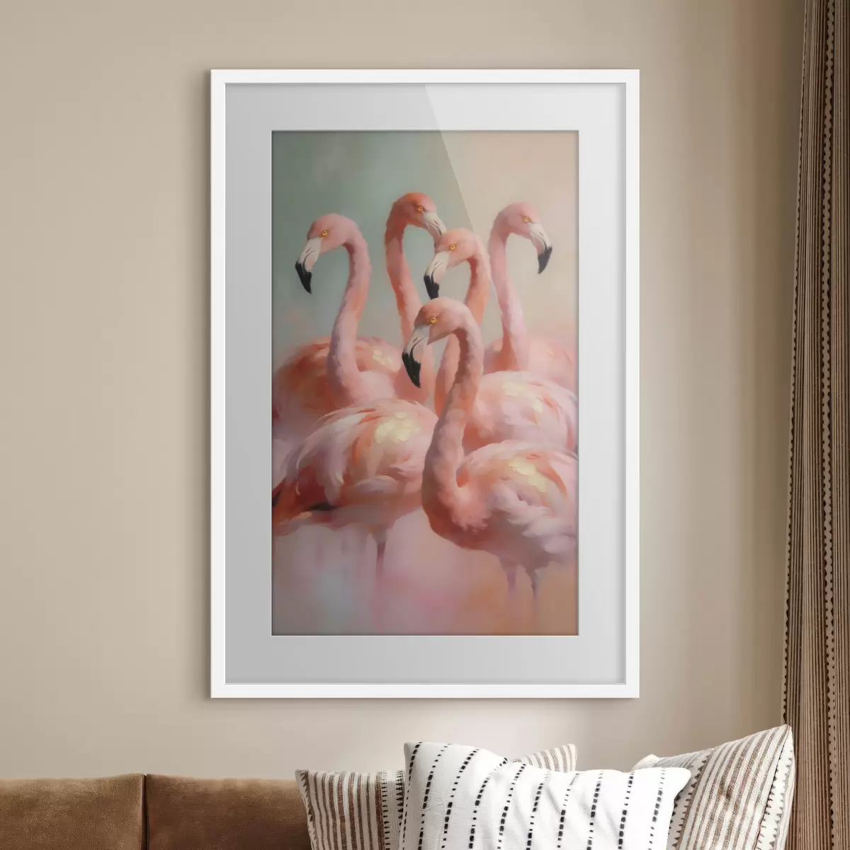Poster Des flamants roses aux couleurs pastel délicates, dans un style de peinture à l'huile f49726