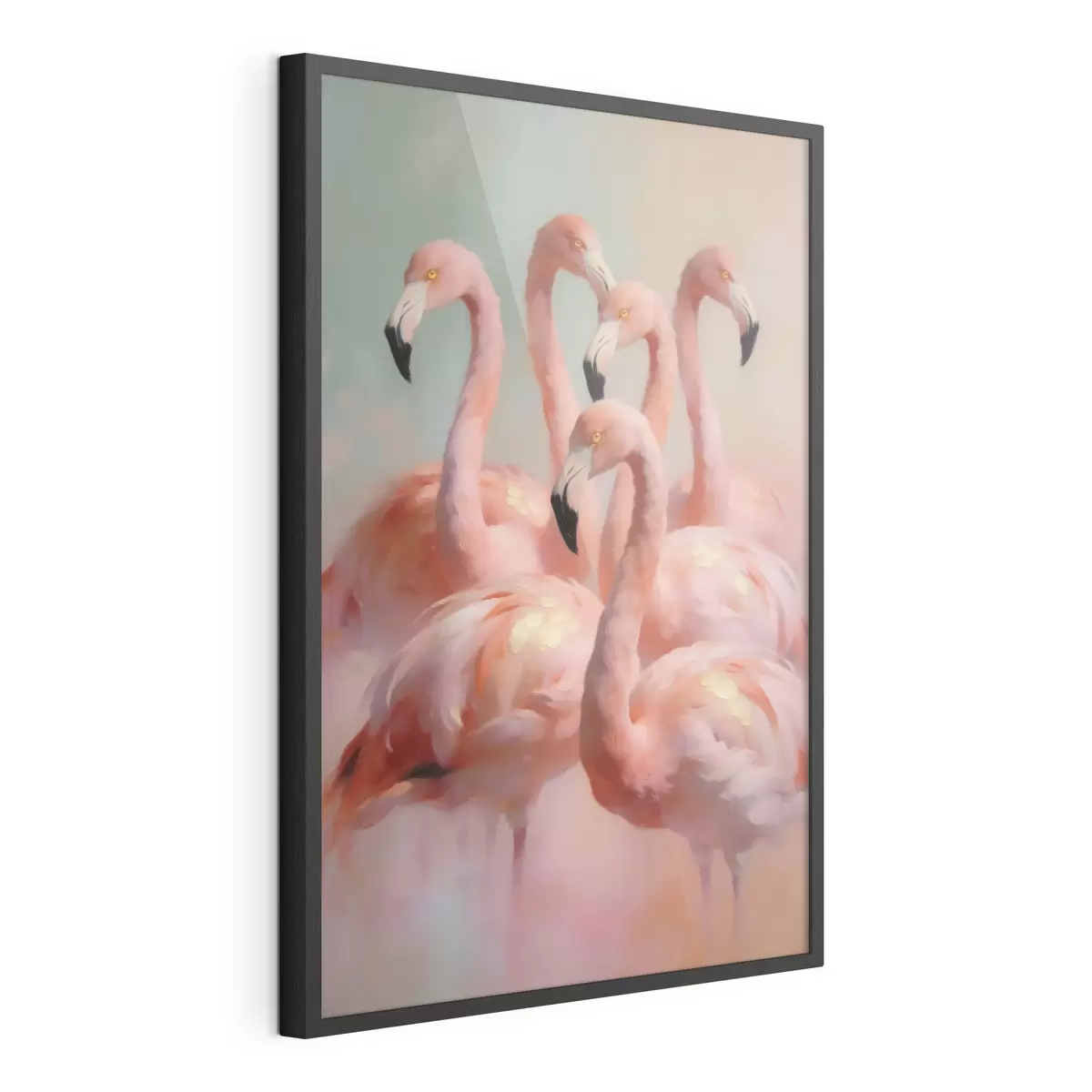 Poster Des flamants roses aux couleurs pastel délicates, dans un style de peinture à l'huile f49726